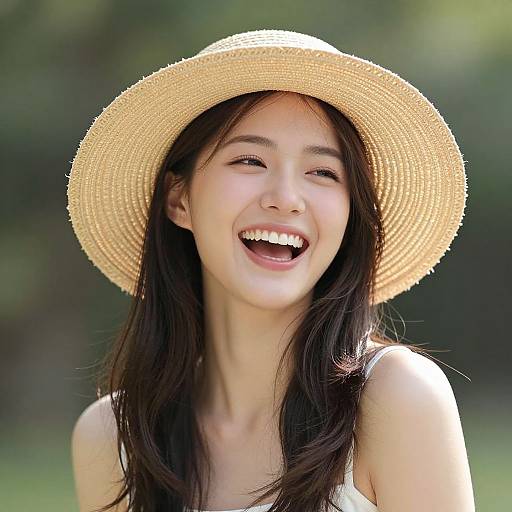 Photograph of a smiling Asian woman with long black hair, wearing a wide-brimmed straw hat, against a blurred green outdoor background. Bright sunlight