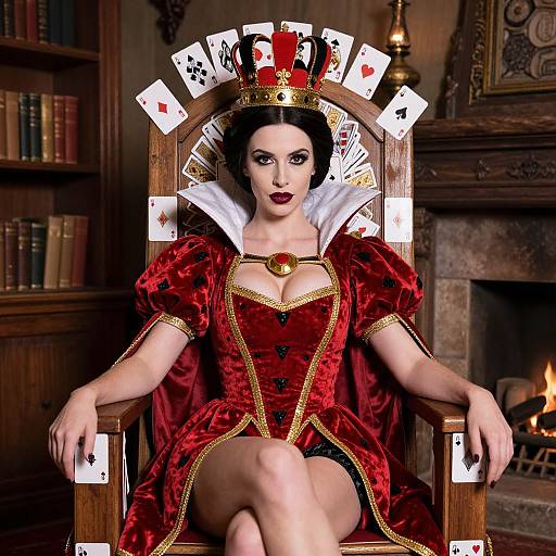 Digital art of a pale-skinned woman with dark hair, wearing a red velvet corset dress and crown, seated on a throne with playing cards around