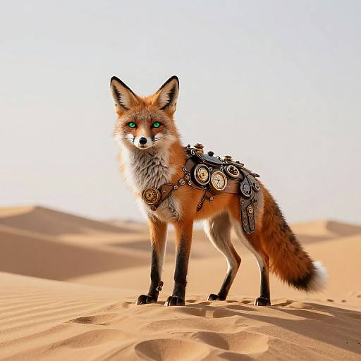 Digital art of a green-eyed, red-orange fox with a steampunk harness standing in a sandy desert. Bright sunlight, detailed fur, and d