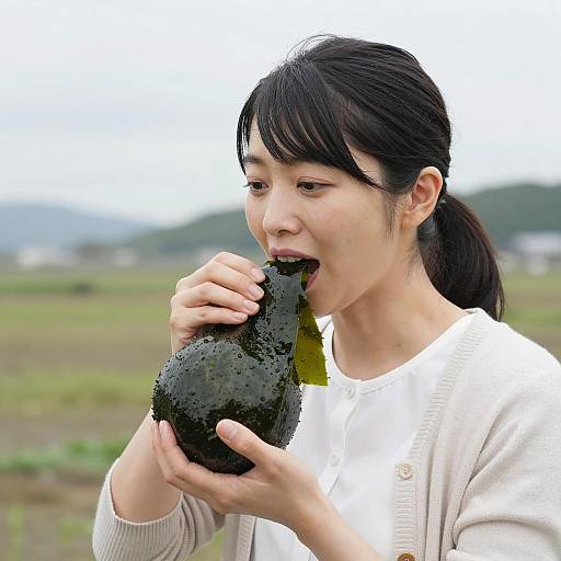 Japanese Woman Eating Large Seaweed Ball Outdoors