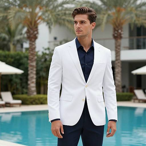 Photograph of a handsome, dark-haired man in a white blazer over a black shirt, standing by a clear blue pool with palm trees and a