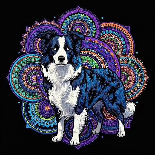 Digital illustration of a blue and white Border Collie with intricate, colorful mandala patterns in purple, green, blue, and orange on a black background