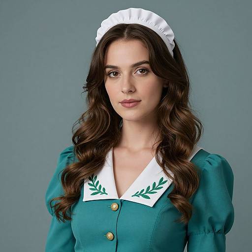Photograph of a young woman with long brown wavy hair, wearing a teal maid outfit with a white lace headband, green leaf embroidery, and