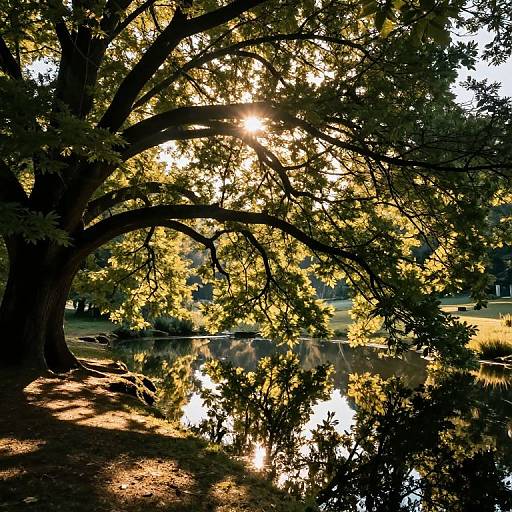 Photograph of a sunlit, large tree with golden leaves casting shadows on a calm lake, reflecting the bright sunlight and surrounding greenery.
