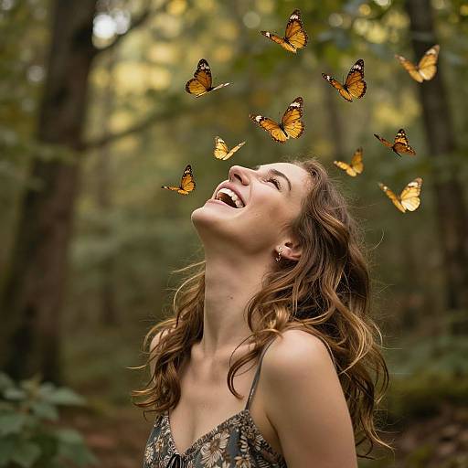 Photograph of a smiling woman with wavy brown hair, wearing a floral dress, surrounded by six orange butterflies in a forest.