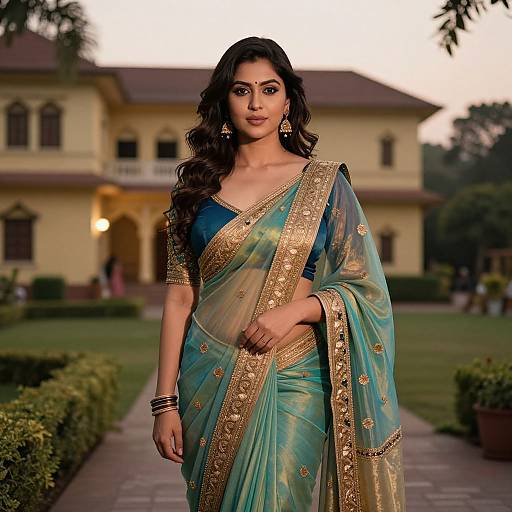 Photograph of an Indian woman with long dark hair in a turquoise and gold traditional saree, standing in front of a yellow colonial-style house at sunset