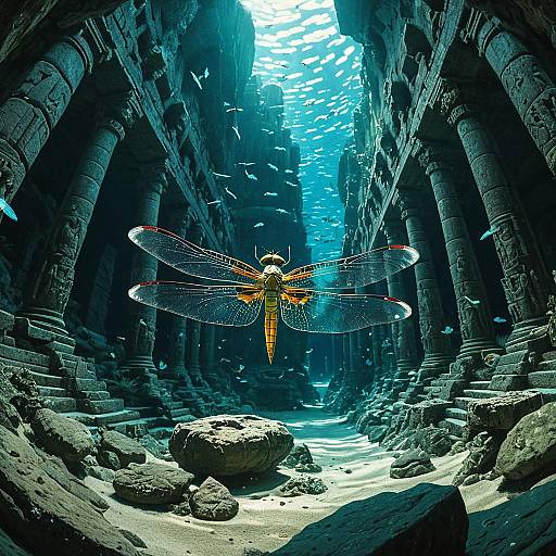 Crystalline Dragonfly-Butterfly in Underwater Ancient Temple