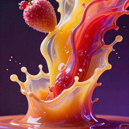 Photograph of a vibrant splash of orange juice with a red strawberry suspended mid-air, surrounded by droplets, against a dark purple background. Dynamic,