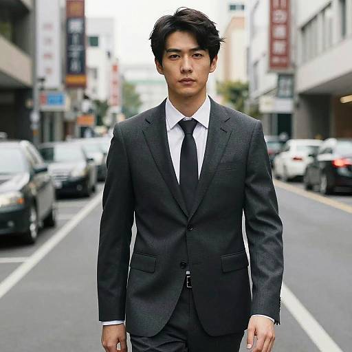 Photograph of a serious Asian man in a black suit, white shirt, and black tie walking down a busy urban street.