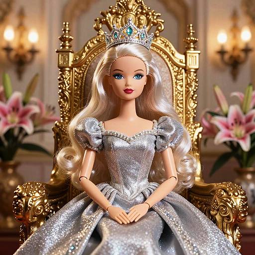 Photorealistic doll with long blonde hair, blue eyes, wearing a silver, sequined dress and tiara, seated on an ornate golden throne