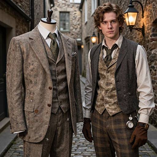 Photograph of a young man in vintage brown tweed suit, white shirt, and black vest, standing beside a mannequin in similar attire,