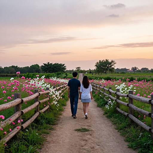 Couple Strolling Through Flower-Lined Path