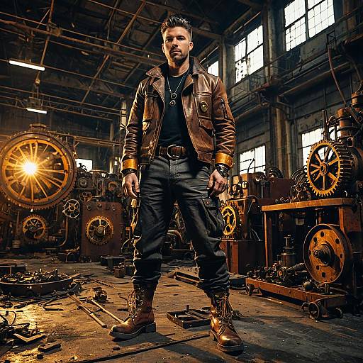 Steampunk Male Mechanic in Abandoned Industrial Factory