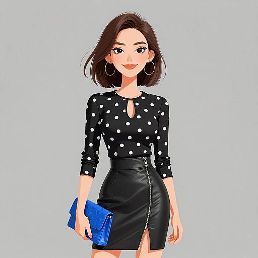 Stylish Woman in Polka Dot Top and Leather Skirt