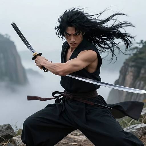 Photograph of a muscular, black-haired samurai with intense gaze, wielding a sword, in a black kimono, against a misty, mountain