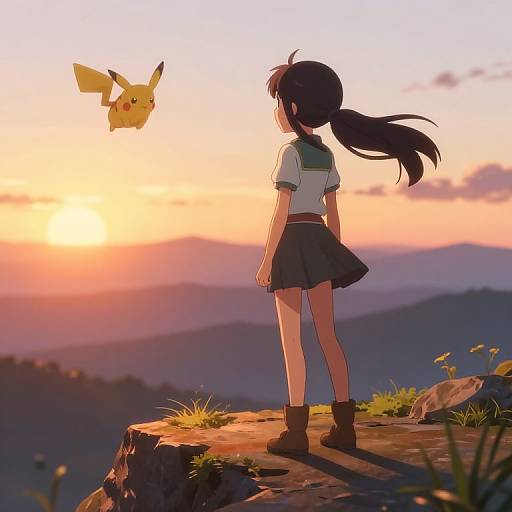 Anime-style drawing: A girl with long black hair in a ponytail, wearing a white sailor uniform and black skirt, stands on a rocky cliff at