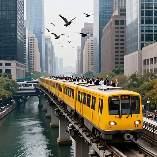 Photograph of a vibrant yellow elevated train packed with passengers, crossing a river in a bustling city with tall skyscrapers, surrounded by flying birds and