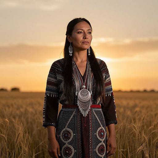 Photograph of a Native American woman with long black hair, wearing a beaded, patterned dress, large circular earrings, and a necklace, standing