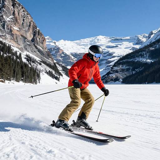 Photograph of a skier in a red jacket and beige pants, wearing a black helmet and goggles, carving through fresh snow in a mountainous,