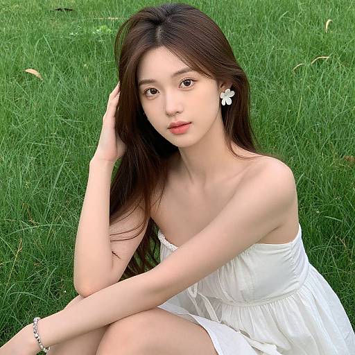 Photograph of an Asian woman with long black hair, wearing a white strapless dress and flower earrings, sitting on green grass.