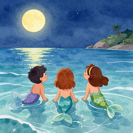 Digital illustration of three mermaid children with fish tails, facing a glowing full moon over a calm, starry ocean.