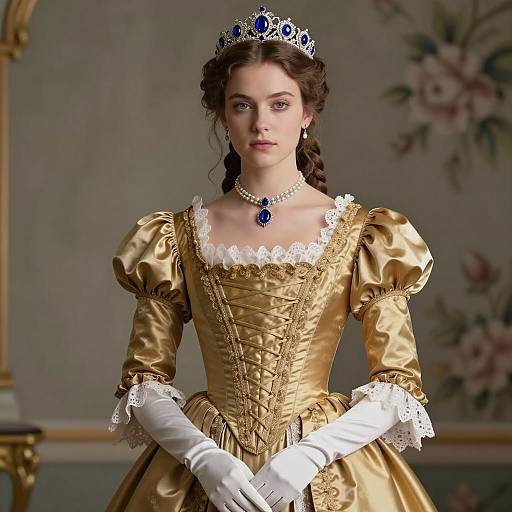 Victorian Woman in Gold Satin Dress with Tiara