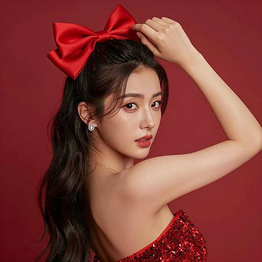 Young Woman with Red Bow and Glitter Dress