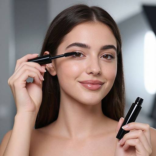 Photograph of a young woman with long dark hair, applying mascara to her upper lashes, smiling slightly, with soft natural makeup.