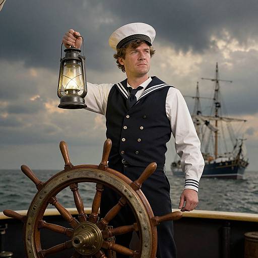 Photograph of a young sailor in a white hat and black vest holding a lantern, standing by a ship's wheel with a ship in the cloudy background