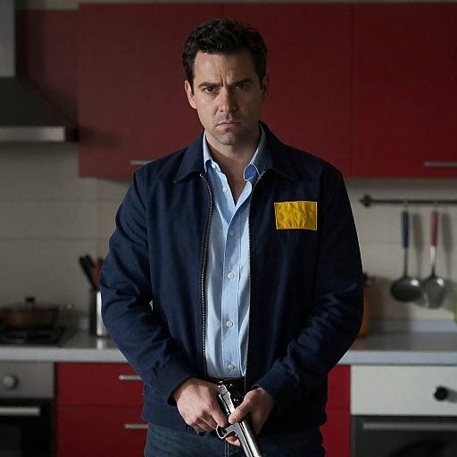 Serious Man with Gun in Kitchen