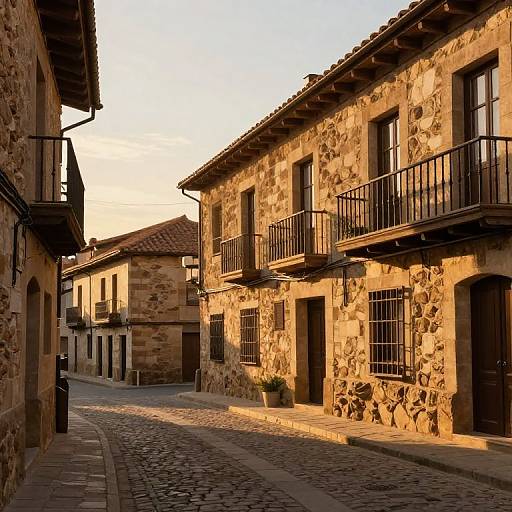 Photograph of a sunlit, narrow cobblestone street in a rustic stone village, featuring two-story buildings with black iron balconies and shuttered
