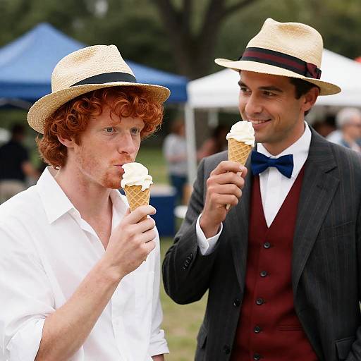Two Men Enjoying Ice Cream in Park