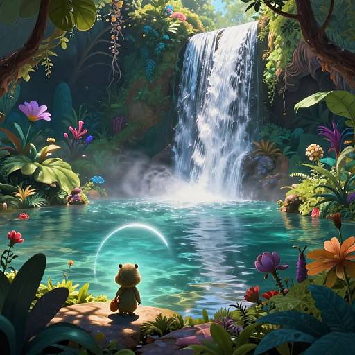 Digital art of a cute, brown bear cub with a glowing halo, standing by a vibrant, tropical waterfall pool, surrounded by colorful flowers and lush green
