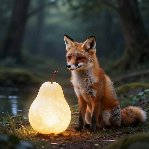 Photograph of a red fox sitting beside a glowing, pear-shaped lantern in a dark, misty forest, with soft, ethereal lighting.
