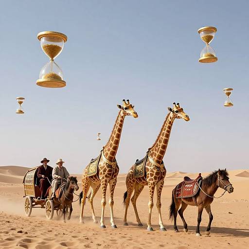 Photograph of three giraffes with saddlebags, led by two men in Arabian robes, riding camels in a desert with floating hourglasses