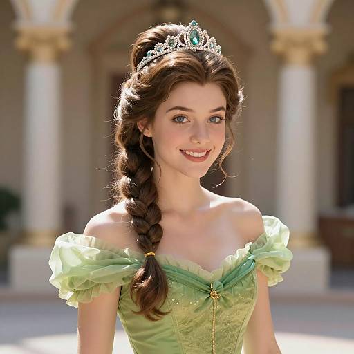 Young Woman in Green Princess Dress with Tiara