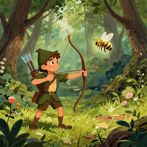 Cartoon-style illustration of a young boy in a green outfit and hat, drawing a bow at a hovering bee in a vibrant, sunlit forest filled