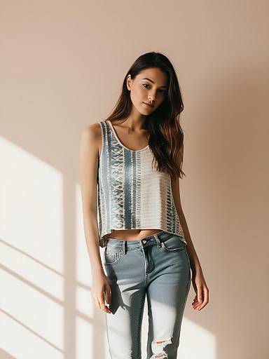 Young Woman in Casual Sleeveless Top and Jeans
