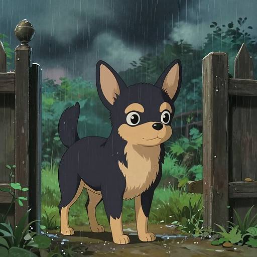 Cute cartoon black and tan dog with large ears stands in rain by wooden fence in dark, rainy forest.