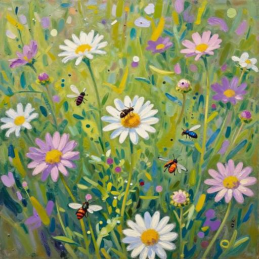 Vibrant, impressionistic painting of a lush meadow with white and pink daisies, yellow centers, and colorful butterflies amidst green foliage,