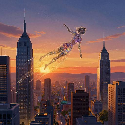 Digital artwork of a glowing, silhouette woman floating above a sunset cityscape with tall skyscrapers, radiant orange and purple sky, and sparkling light trails