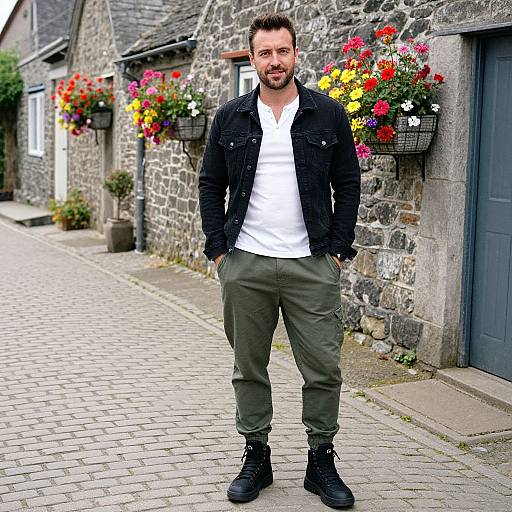 Photograph of a bearded man with short dark hair, wearing a black jacket, white shirt, olive pants, and black boots, standing on a