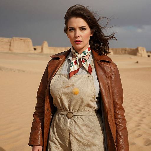 Photograph of a confident woman with dark hair, wearing a brown leather jacket, beige apron dress, and red floral scarf, standing in a sandy