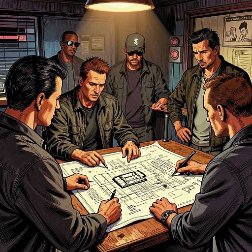 Five men in dark clothing, intense discussion, surrounded by blue-toned room, spotlight on wooden table with detailed blueprint. Digital comic art style.