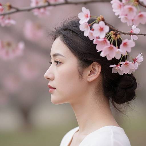 Photograph of a serene Asian woman with fair skin, black hair in a bun, wearing a white top, adorned with cherry blossoms in her hair