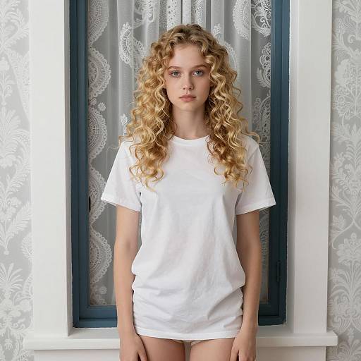 Blonde Woman by Lace Curtain Window