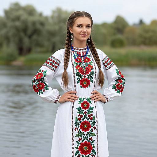 Photograph of a young woman with long braids, wearing a white dress with red and green floral embroidery, standing by a river with green trees in