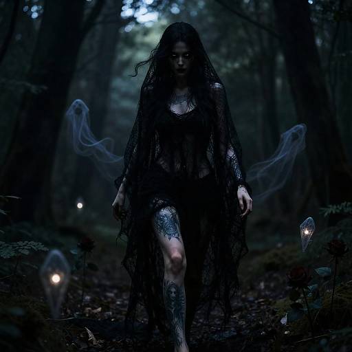 Dark forest photograph of a ghostly woman with long, wet black hair, wearing a tattered dress, glowing tattoos, surrounded by ethereal mist and