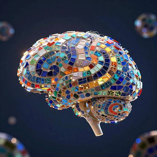 Digital art of a colorful, mosaic sphere floating against a dark blue background, adorned with vibrant tiles in blue, red, white, and orange.