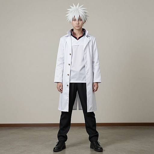 Photograph of a young Asian boy with white spiky hair, wearing a white lab coat, black pants, and black shoes, standing in a plain
